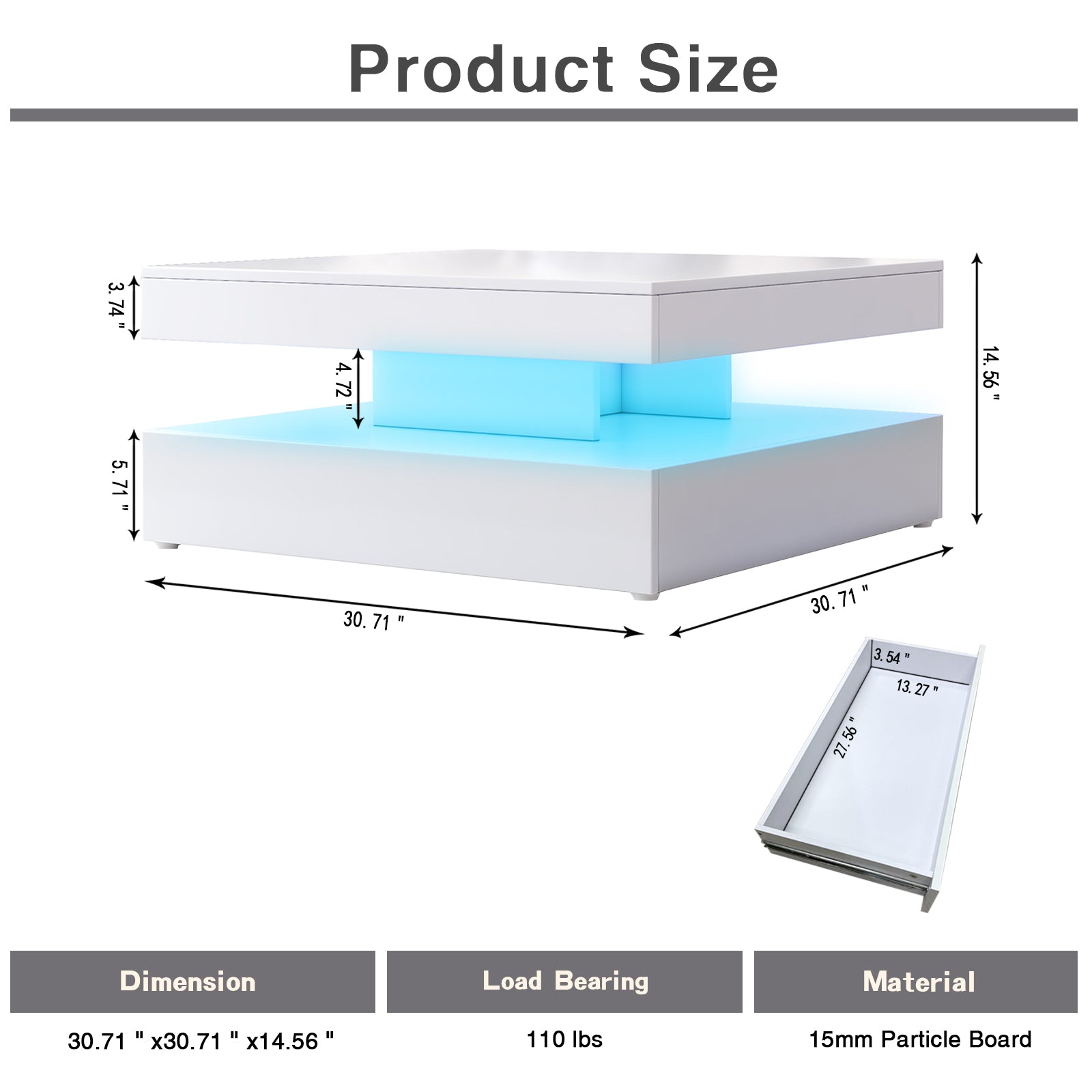 Square LED Coffee Table - With 2 Drawer