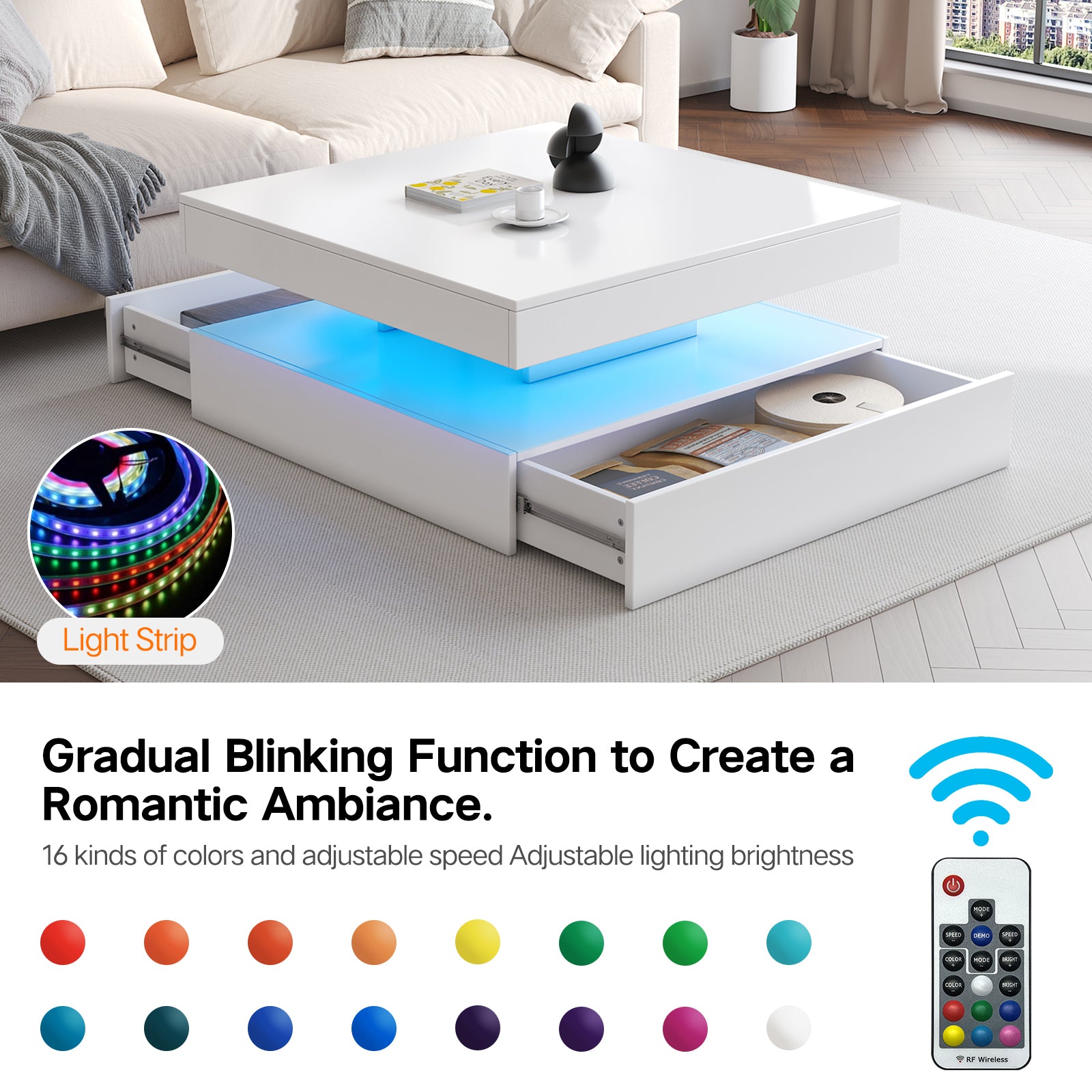 Square LED Coffee Table - With 2 Drawer