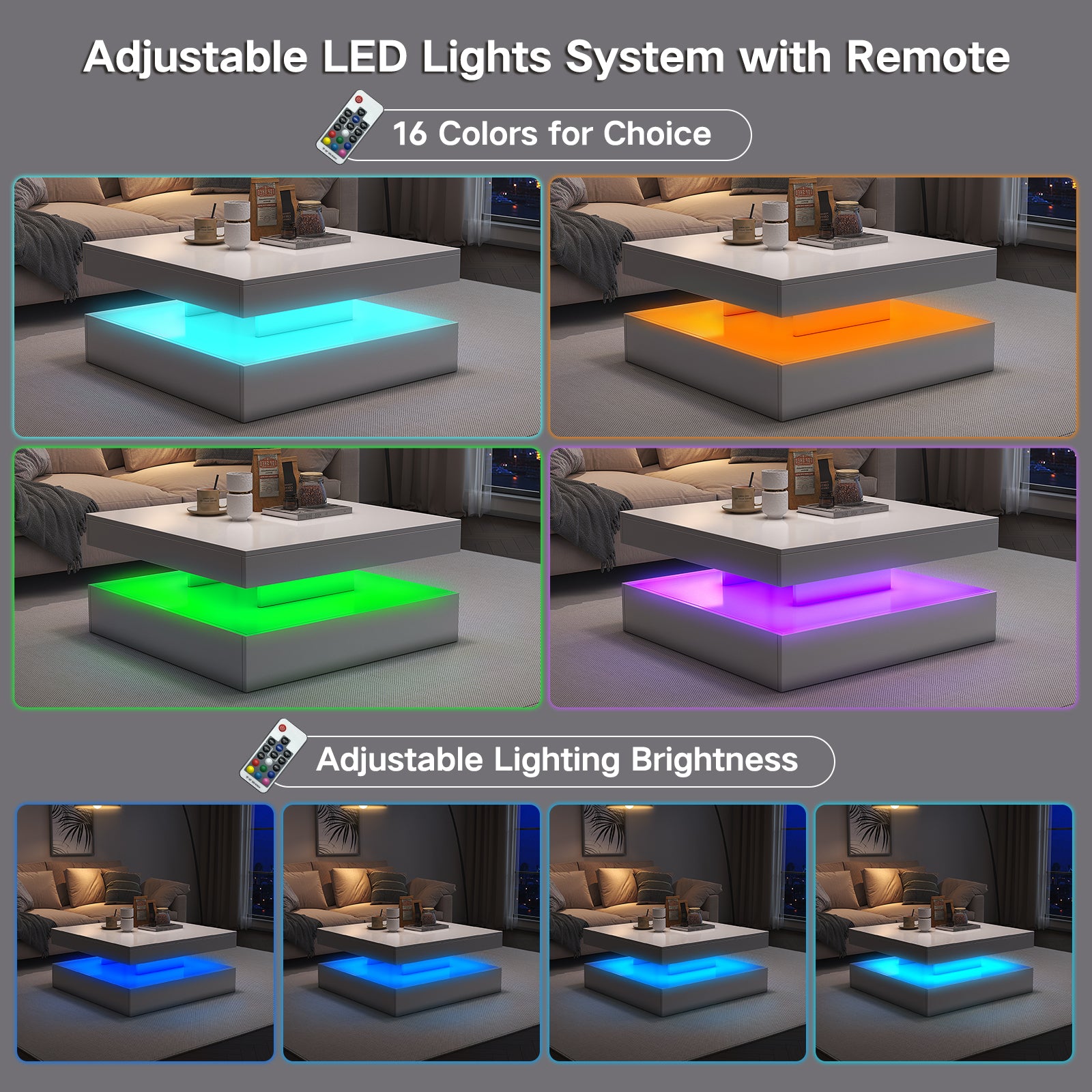 Square LED Coffee Table - With 2 Drawer