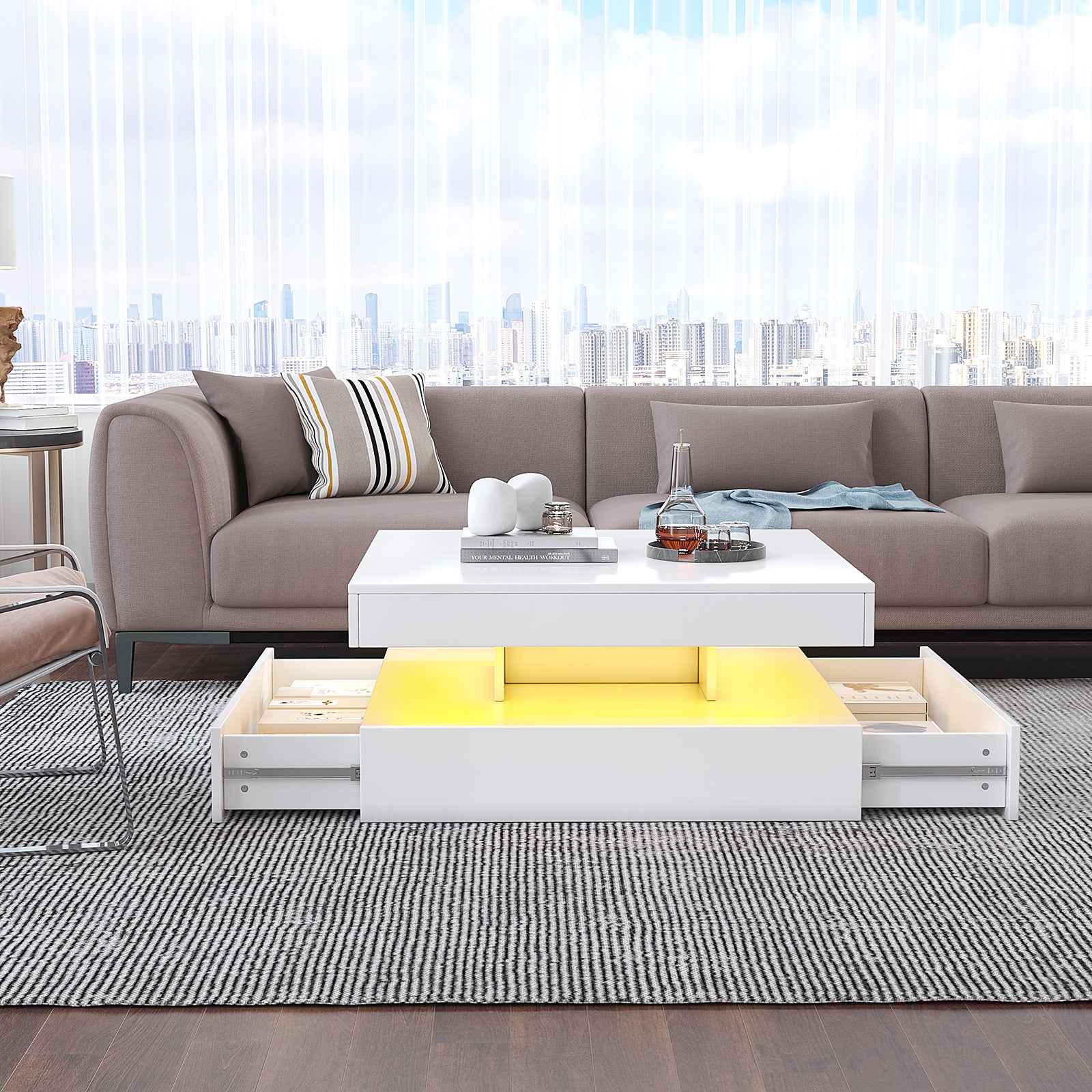 Square LED Coffee Table - With 2 Drawer