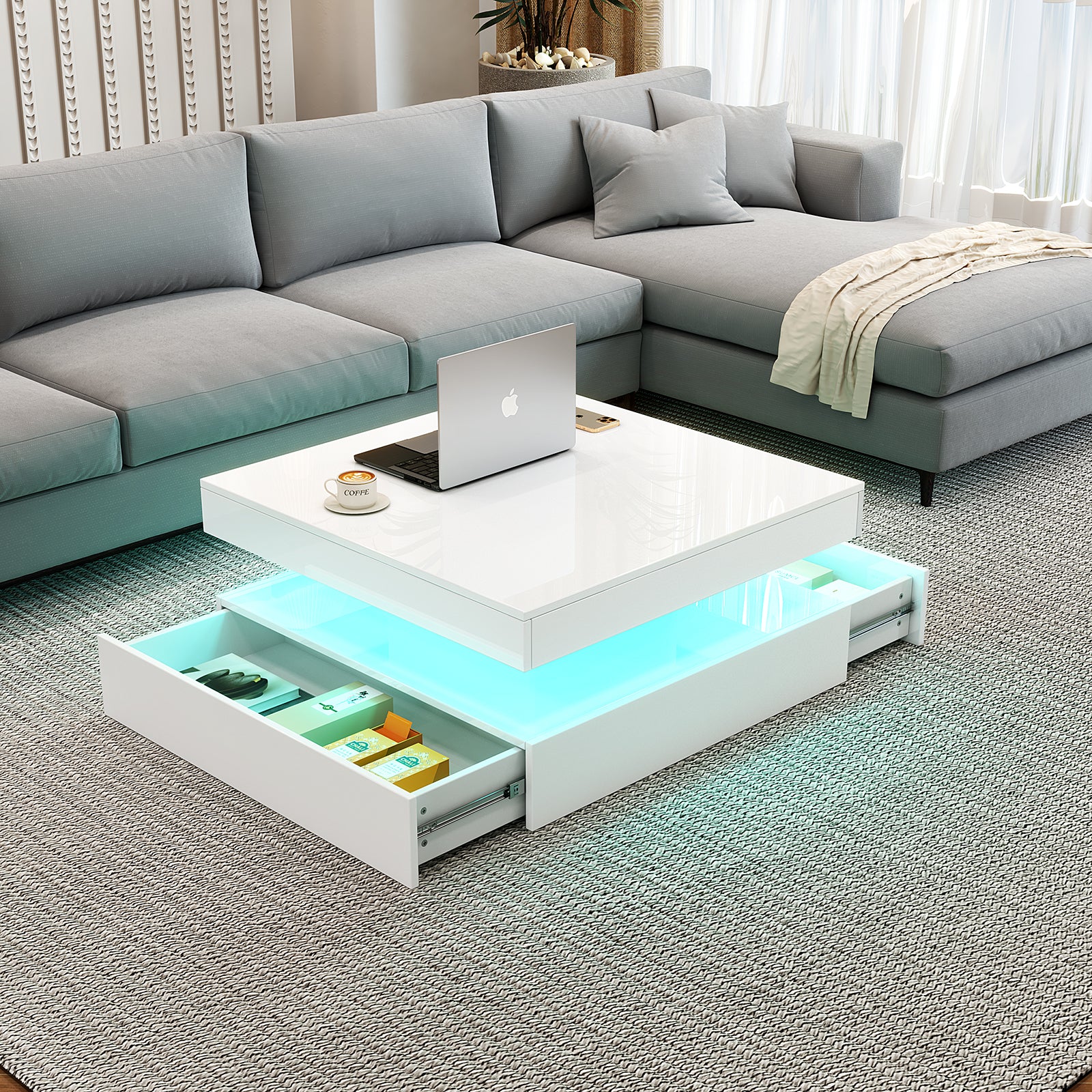 Square LED Coffee Table - With 2 Drawer