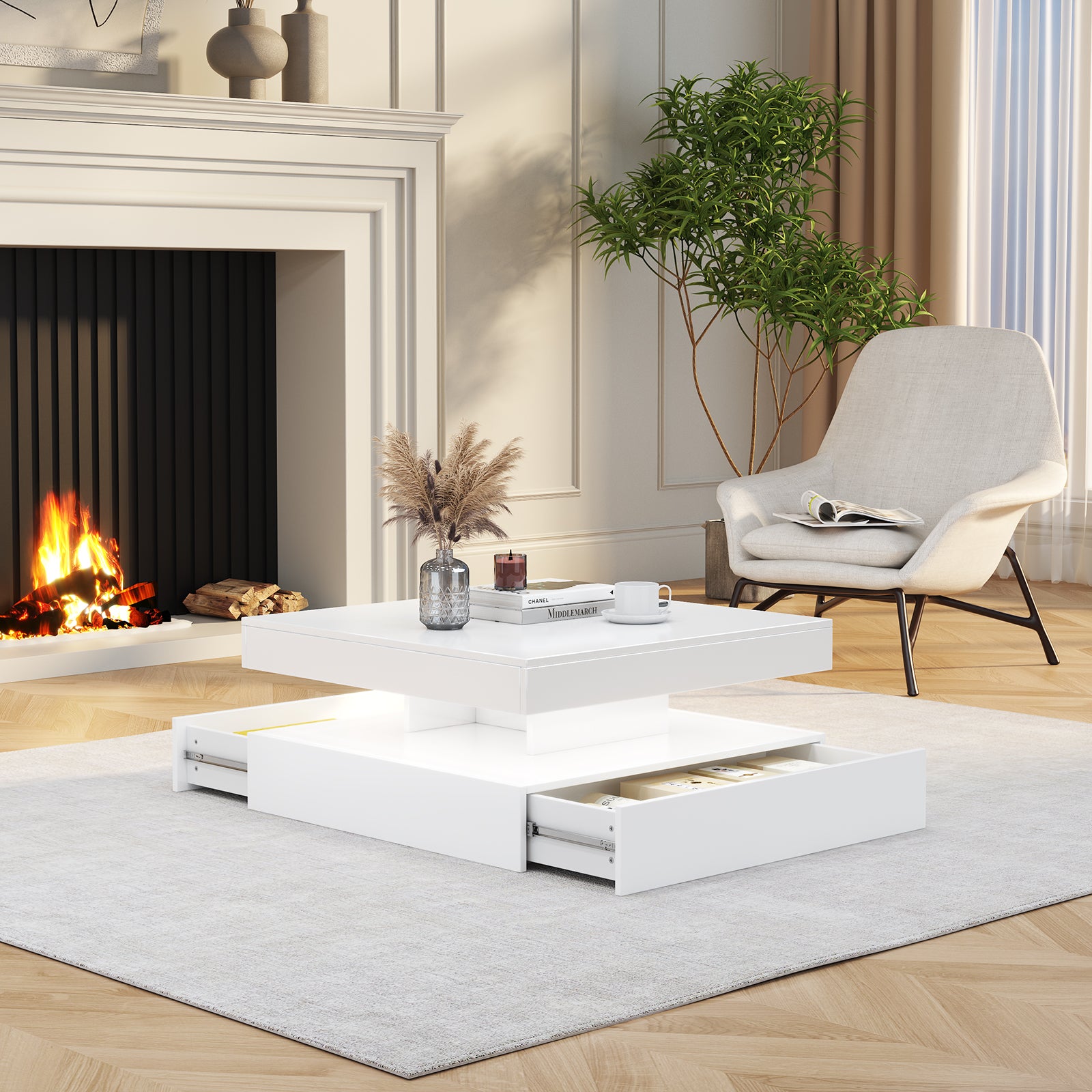 Square LED Coffee Table - With 2 Drawer