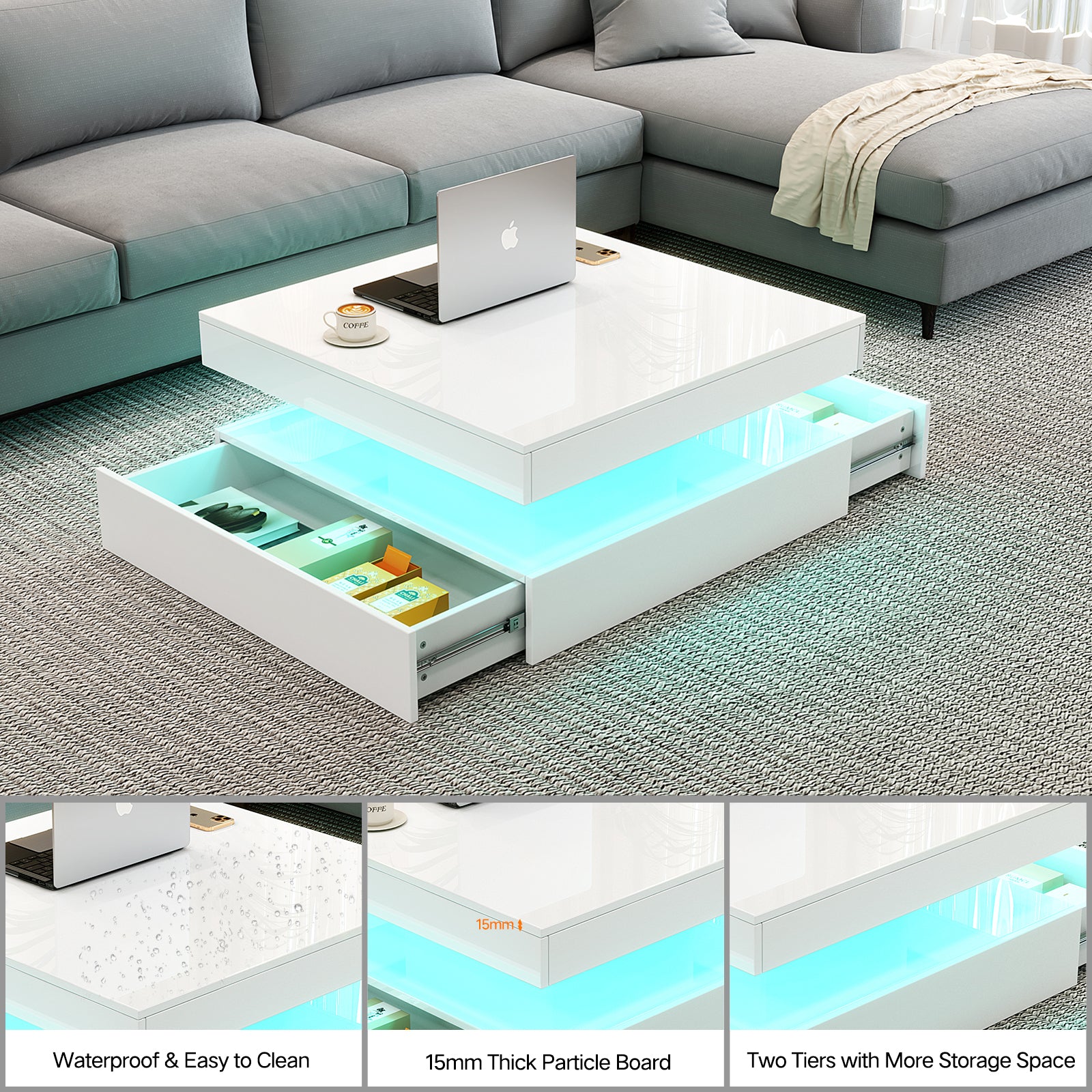 Square LED Coffee Table - With 2 Drawer