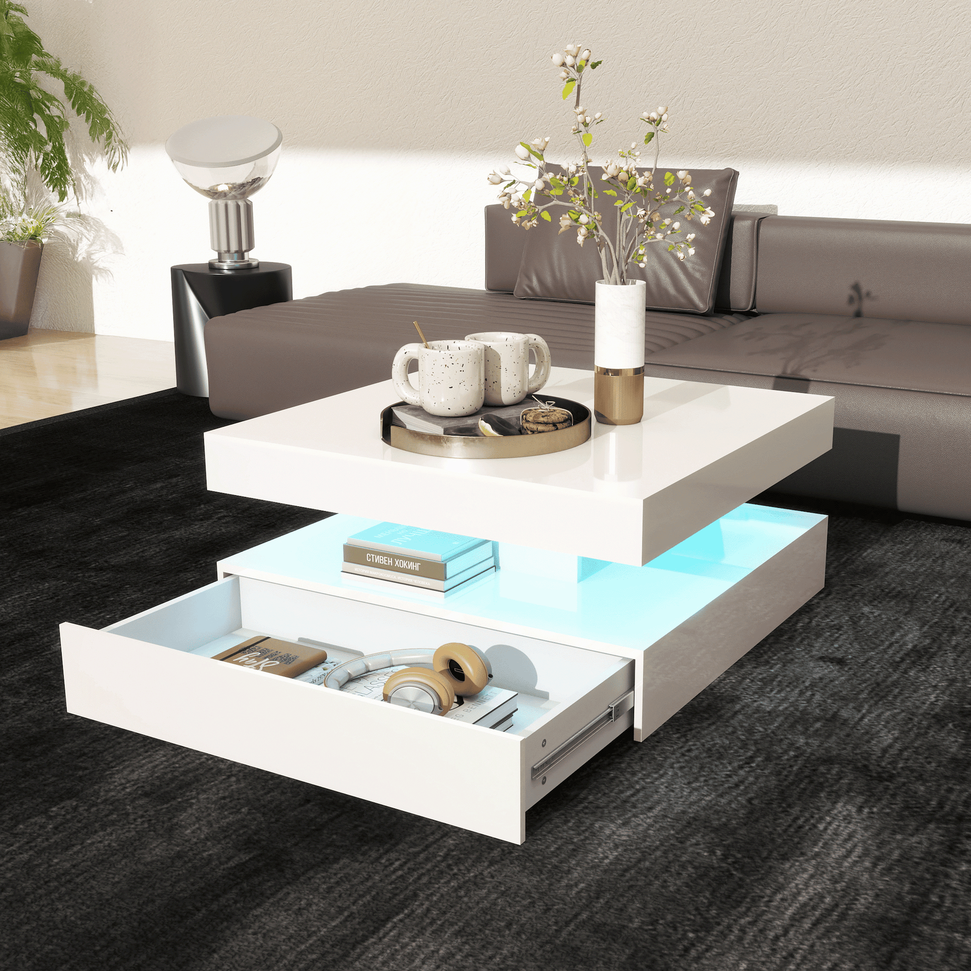 Square LED Coffee Table - With 1 Drawers