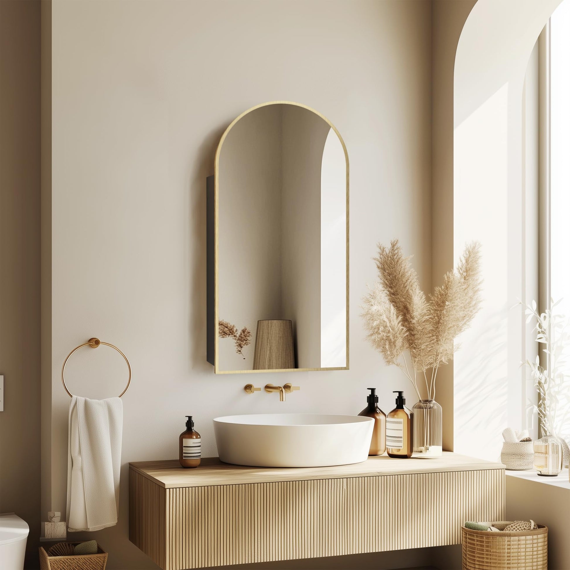 Arch Wall Mount Mirror Cabinet with Power Outlet & Storage