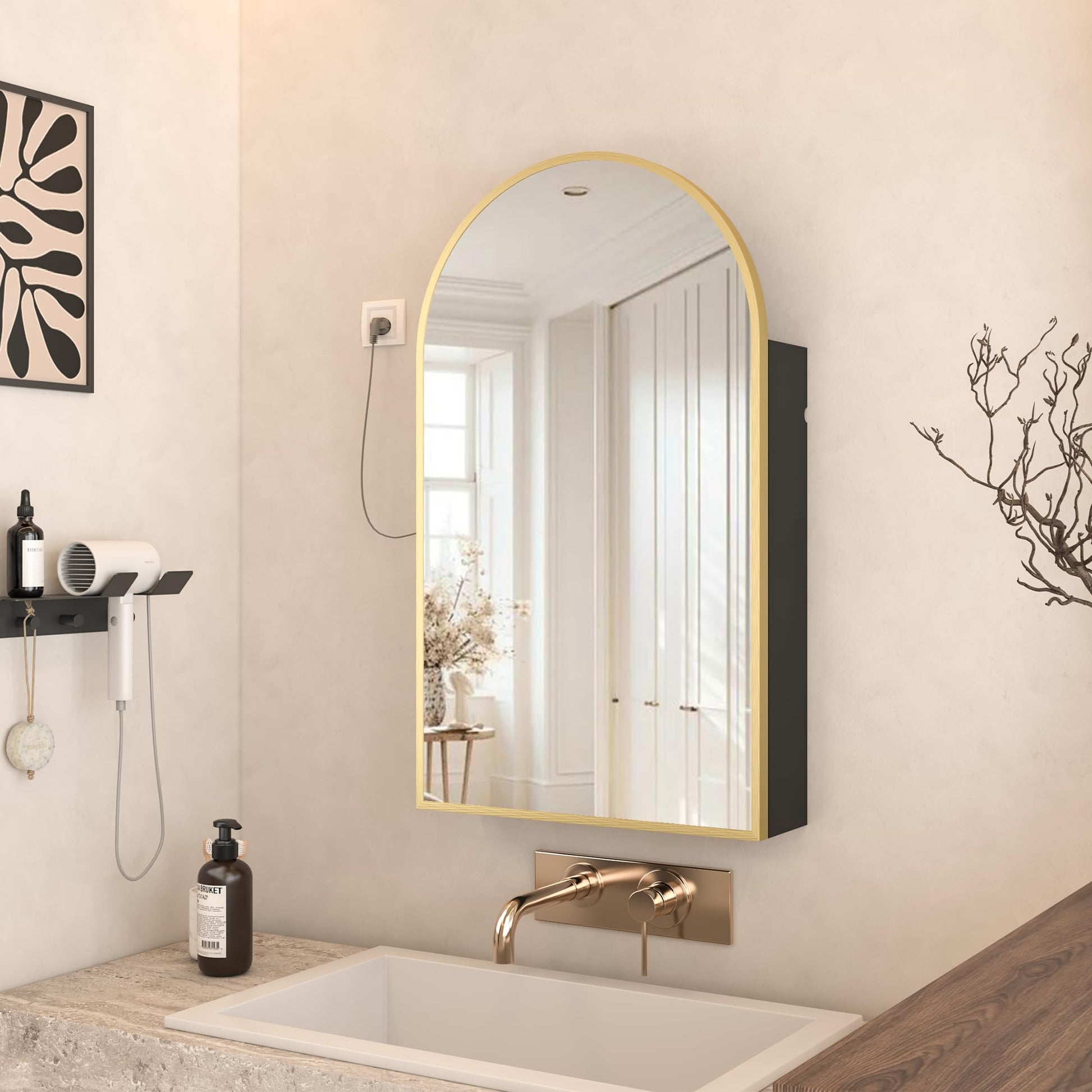 Arch Wall Mount Mirror Cabinet with Power Outlet & Storage