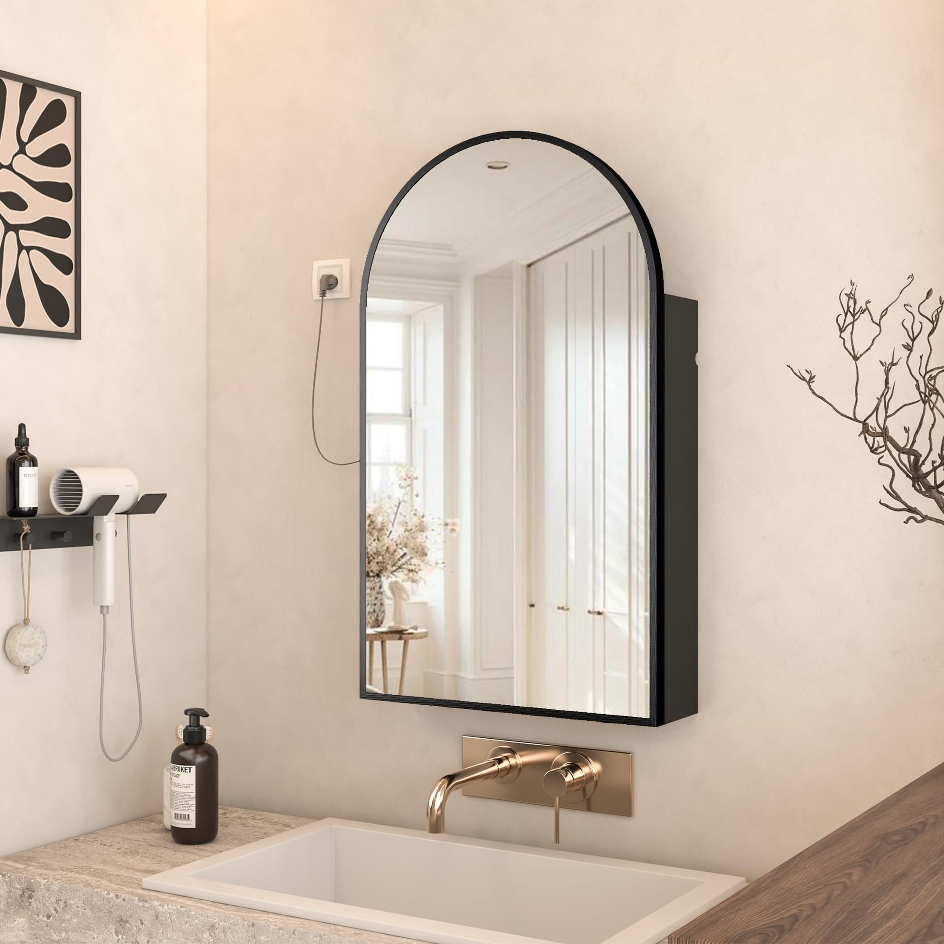 Arch Wall Mount Mirror Cabinet with Power Outlet & Storage