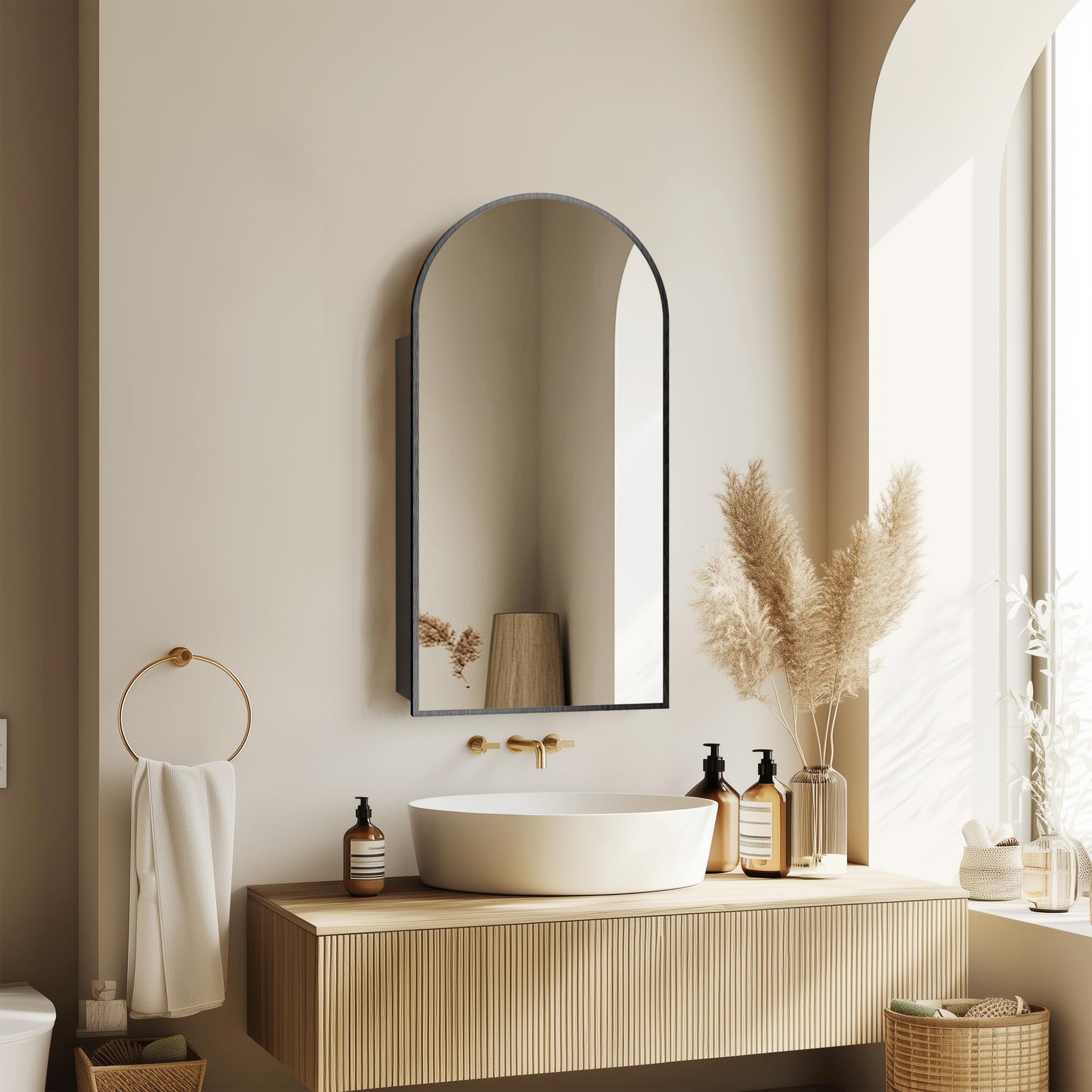 Arch Wall Mount Mirror Cabinet with Power Outlet & Storage