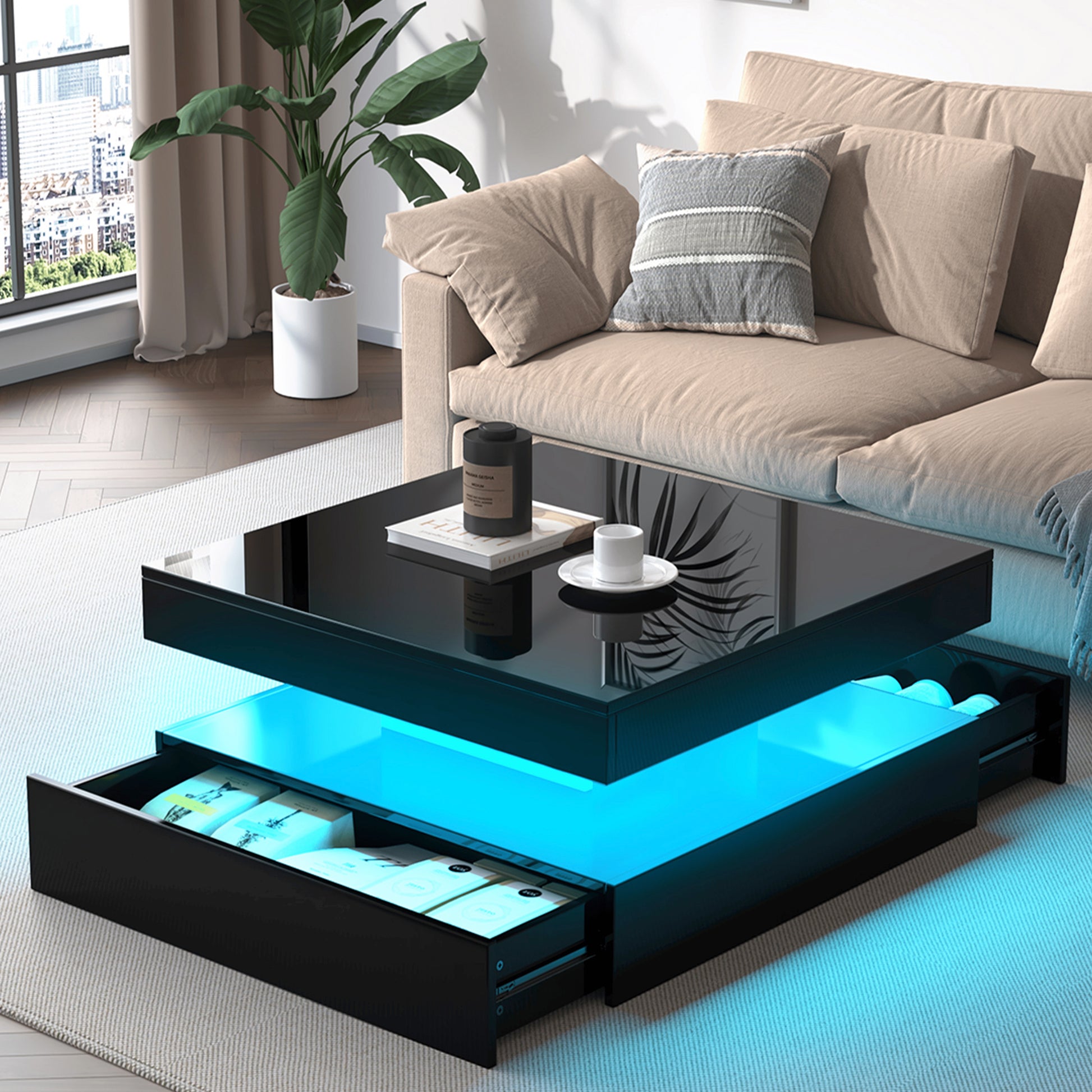 Square LED Coffee Table - With 2 Drawer