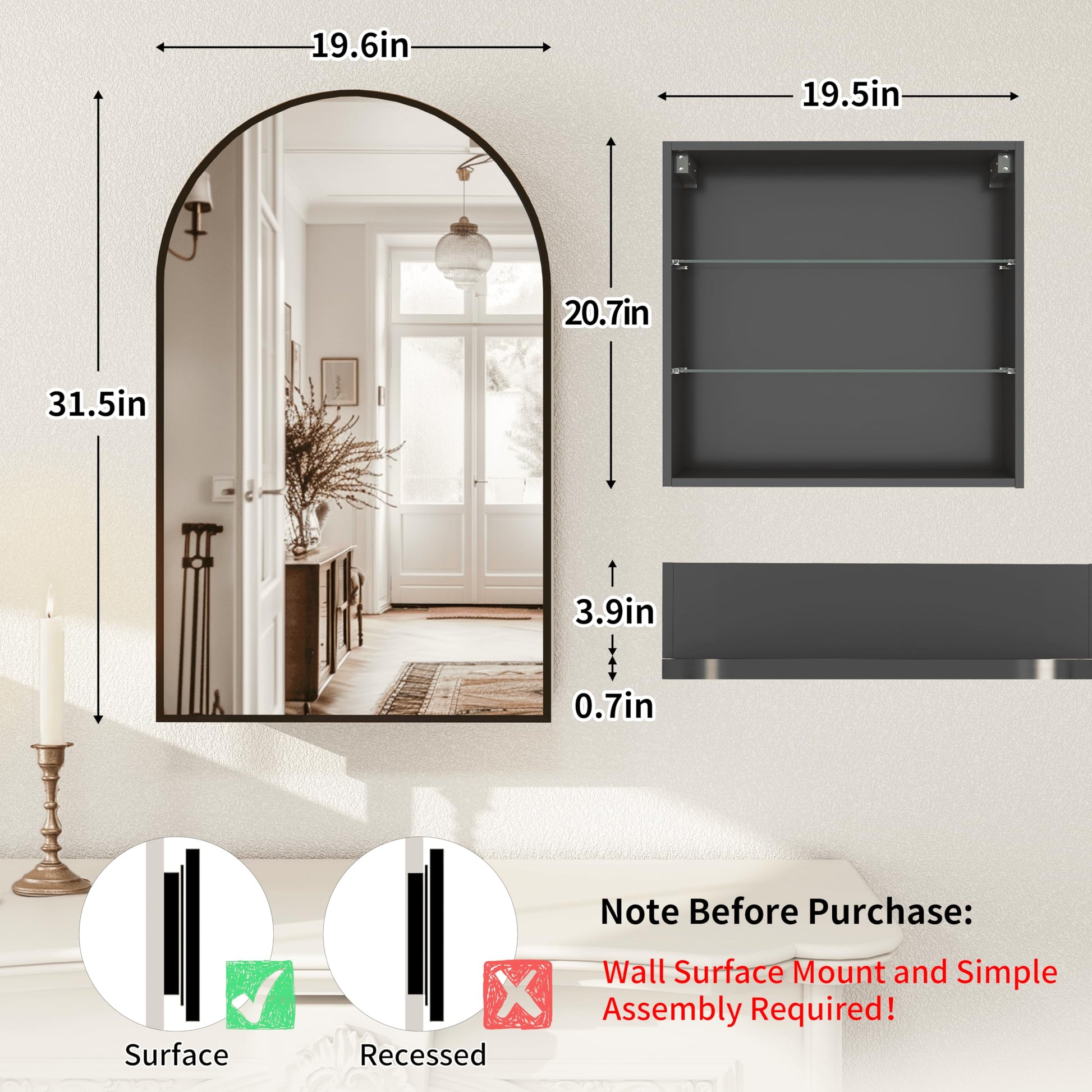 Arched  Mirror Cabinet |32×20 inchs  Capacity Storage