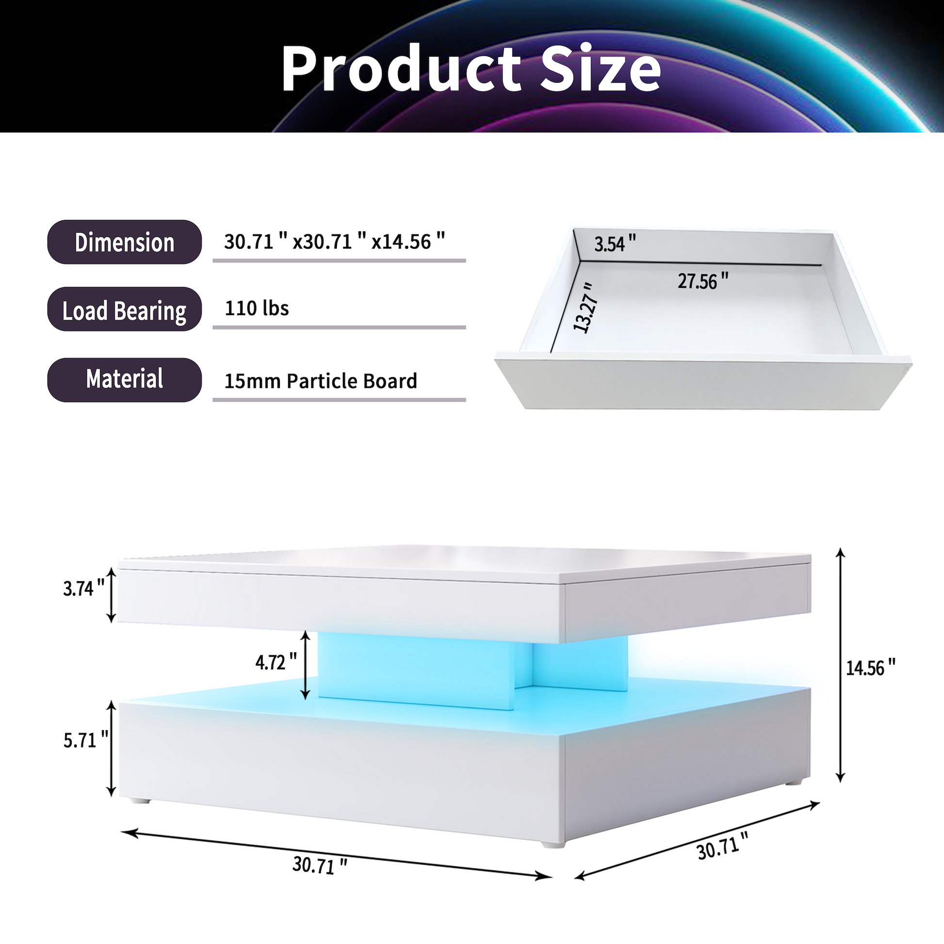 Square LED Coffee Table - With 1 Drawers