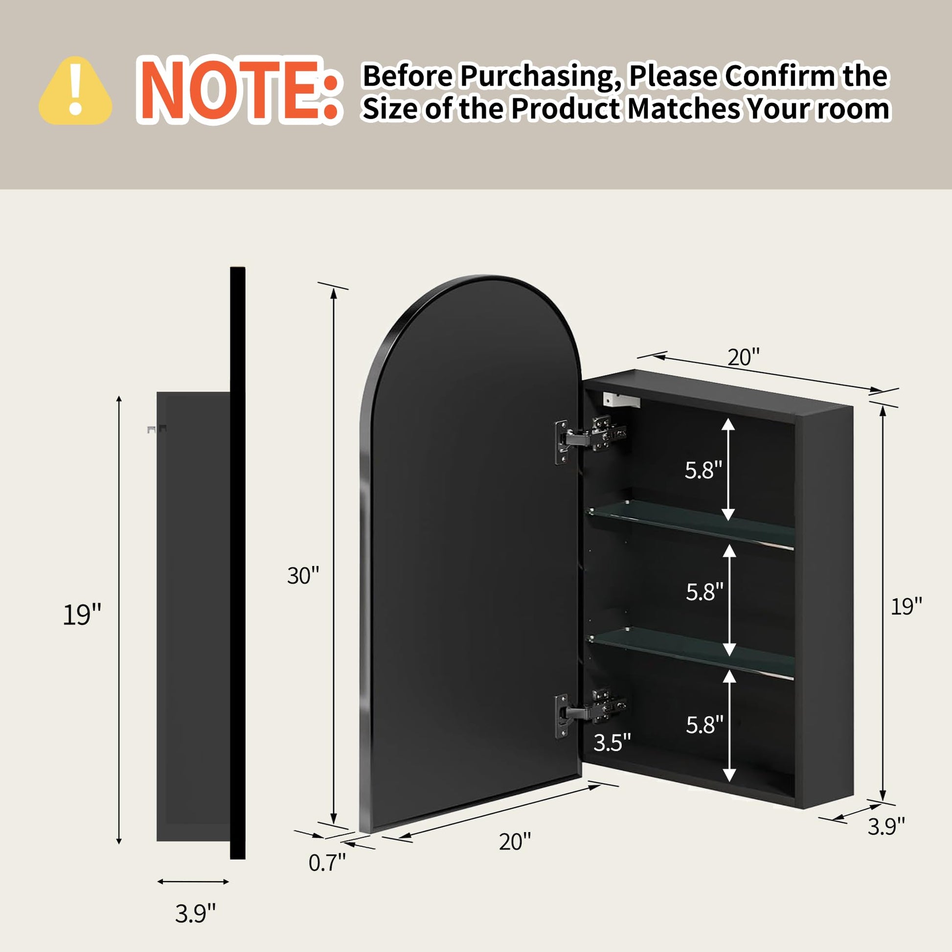 Arched Mirror Cabinet |30×20inchs  Large Capacity Storage