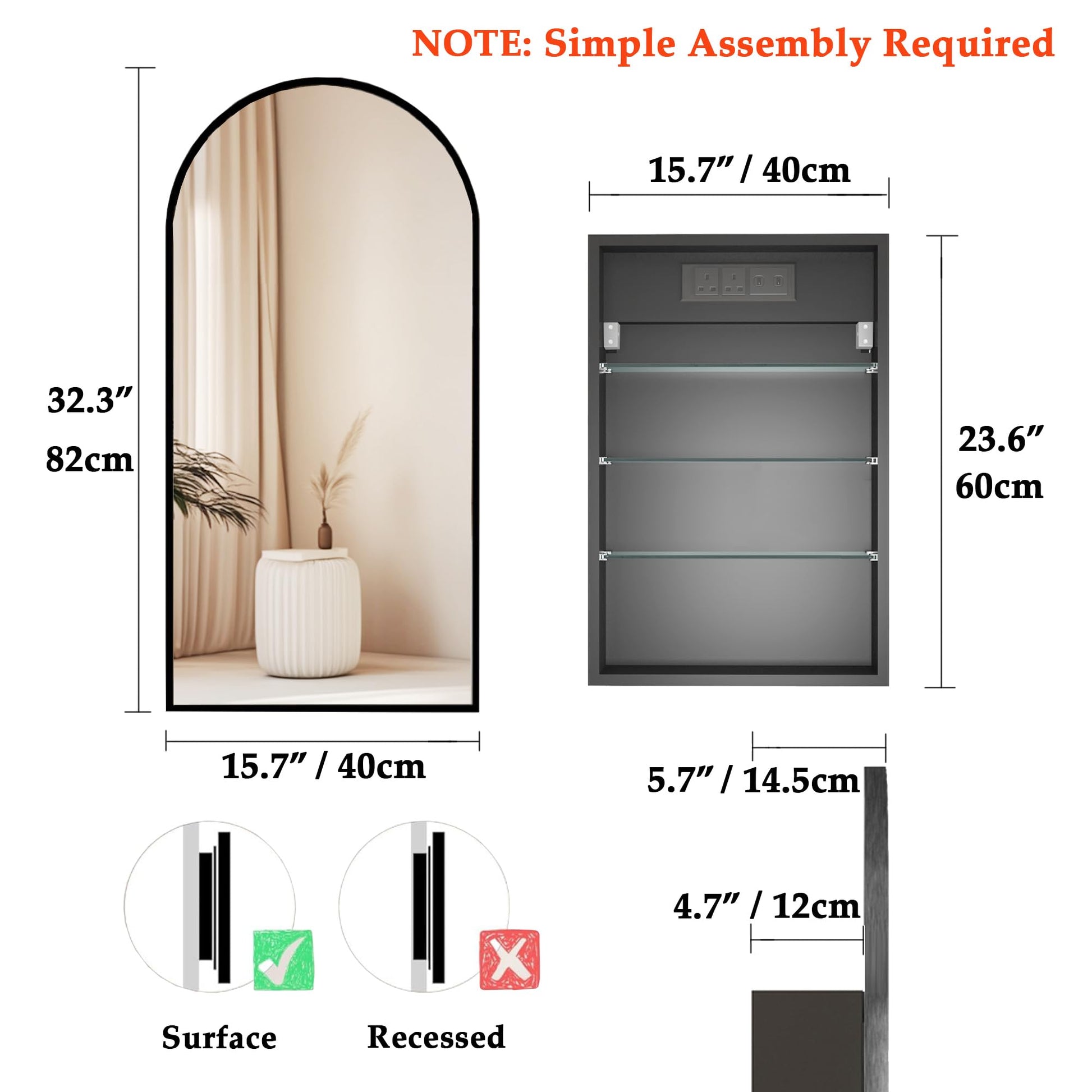 Arch Wall Mount Mirror Cabinet with Power Outlet & Storage