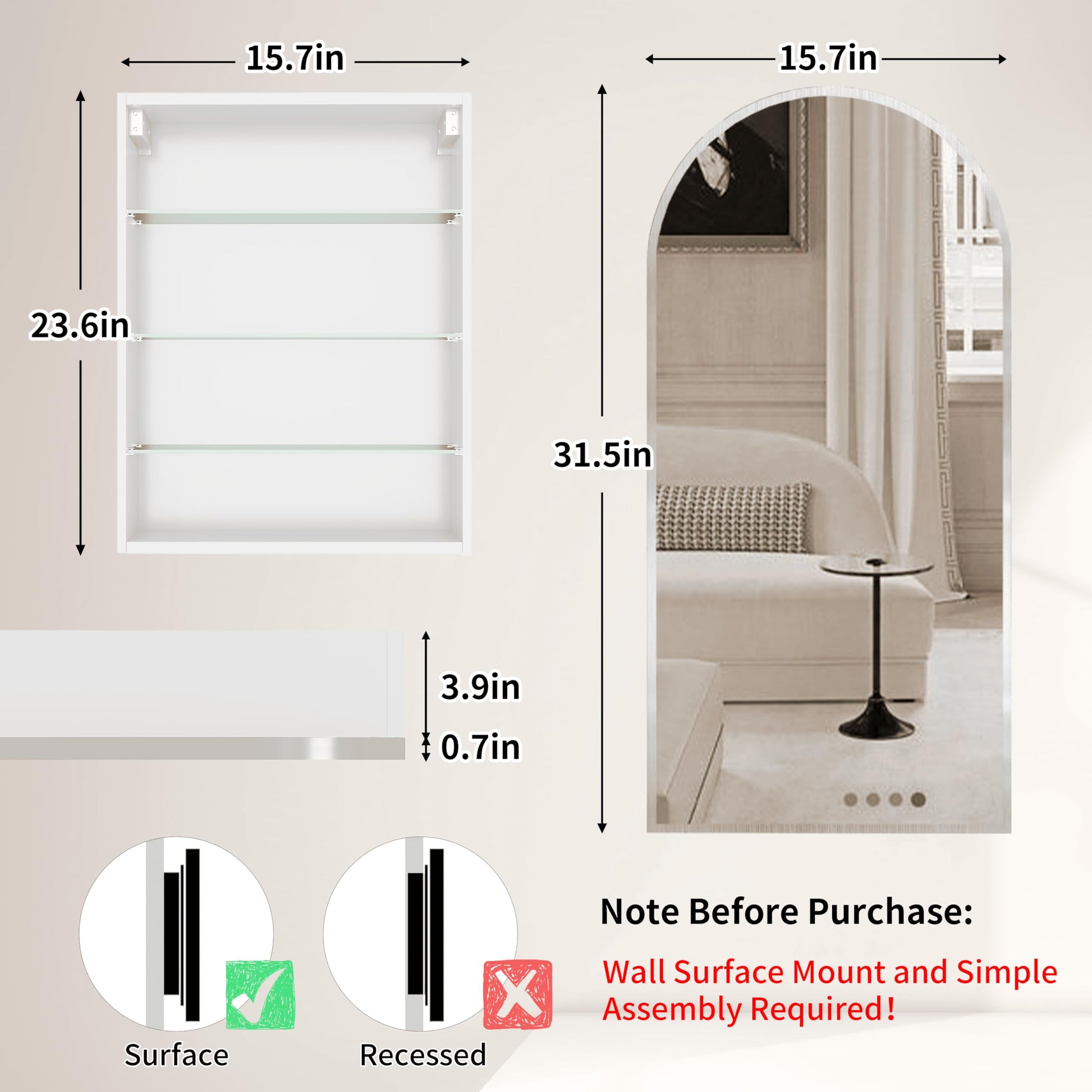 Arched Bathroom Mirror Cabinet | 32x16 inches  Capacity Storage