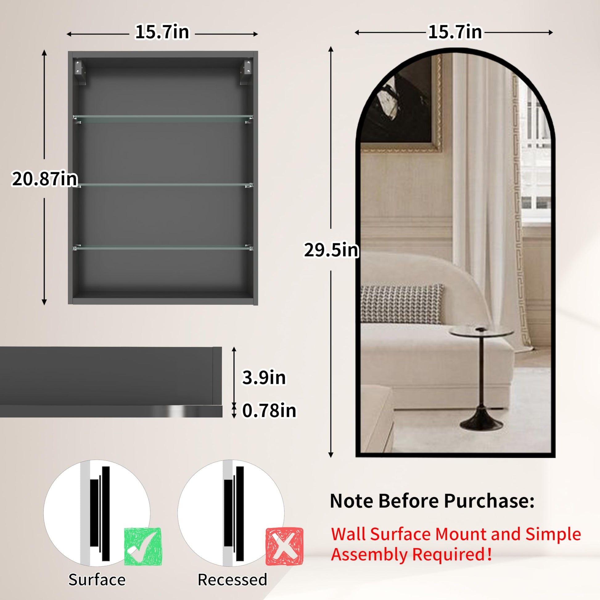 Arched Bathroom Mirror Cabinet |30×16inchs  Capacity Storage