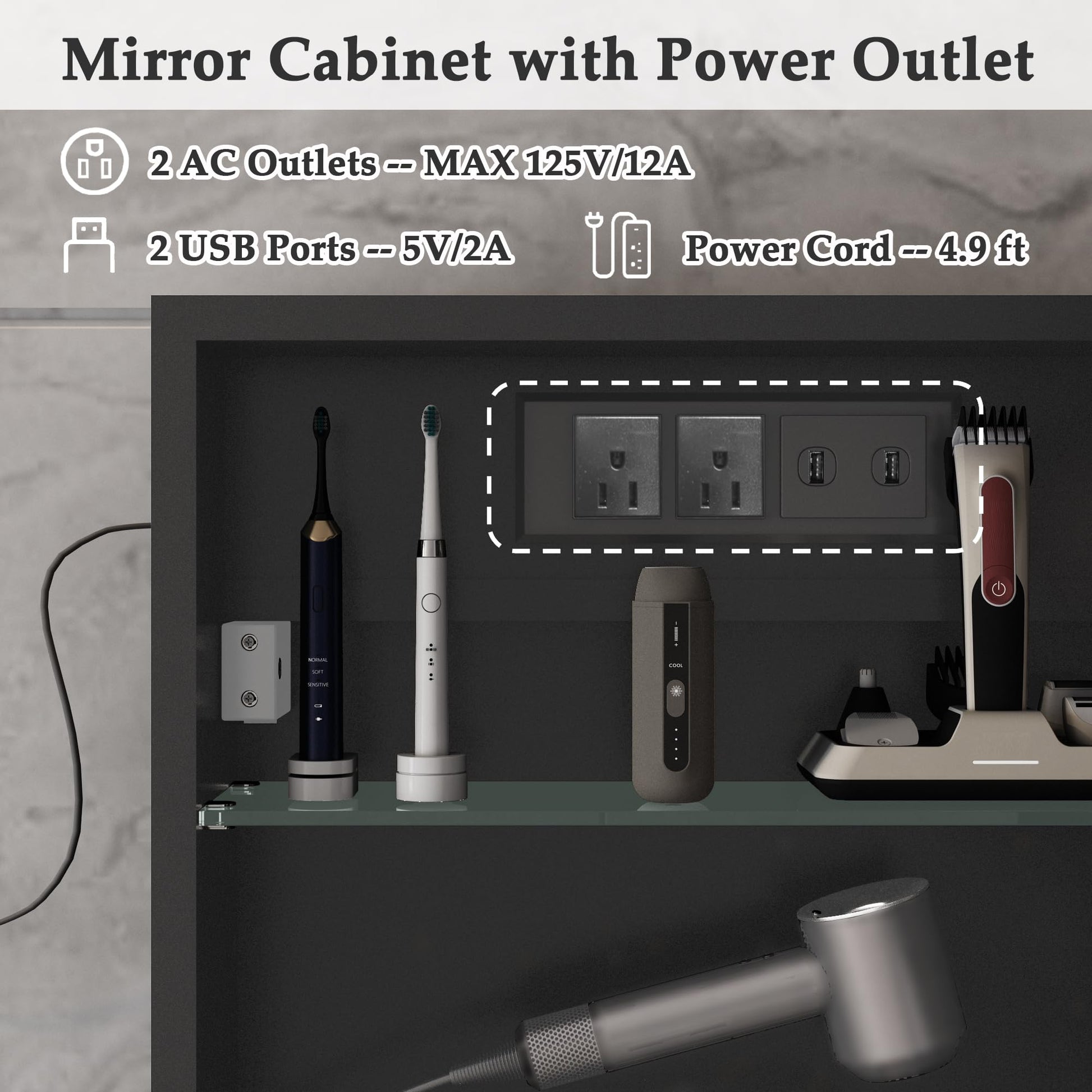 Arch Wall Mount Mirror Cabinet with Power Outlet & Storage
