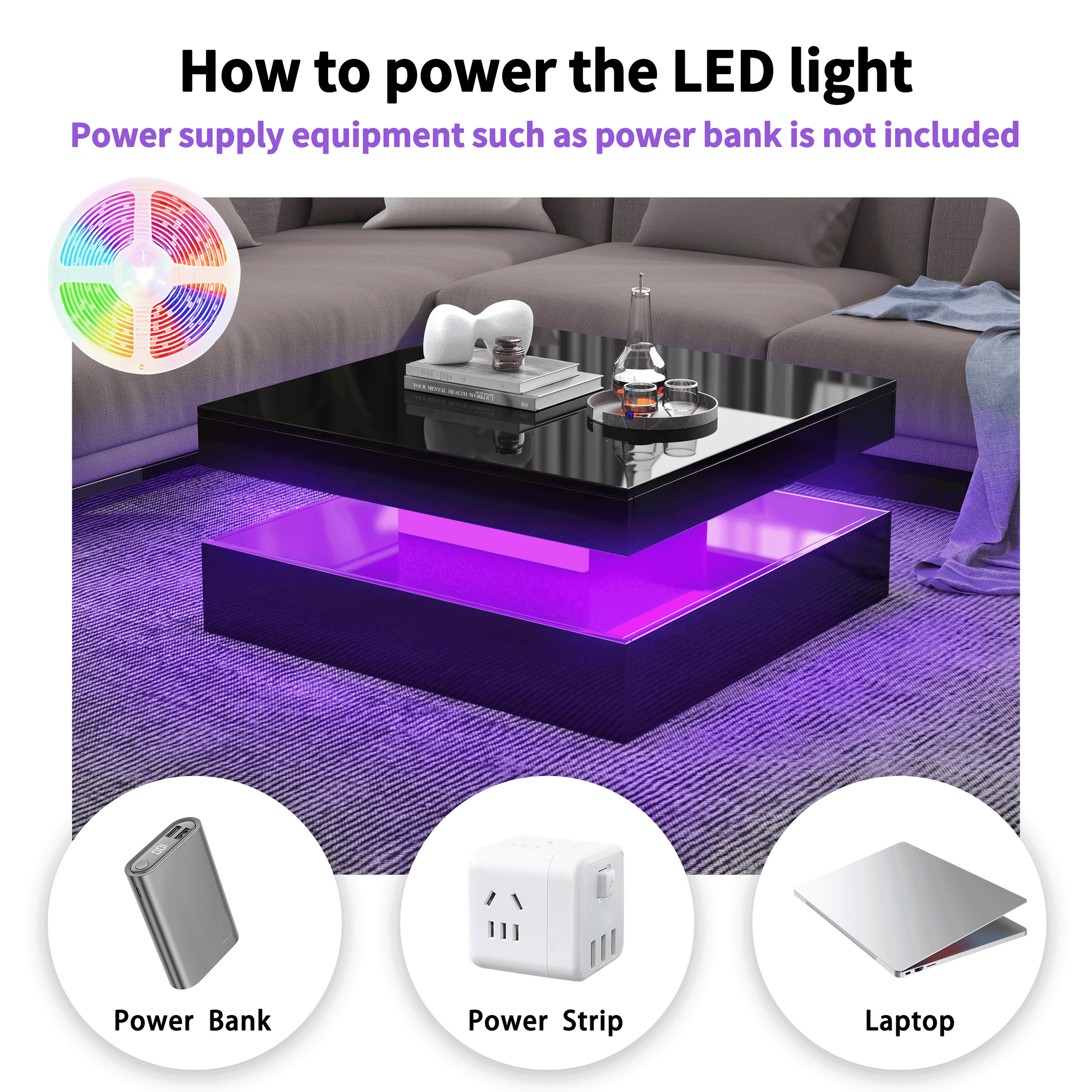 Square LED Coffee Table - With 1 Drawers