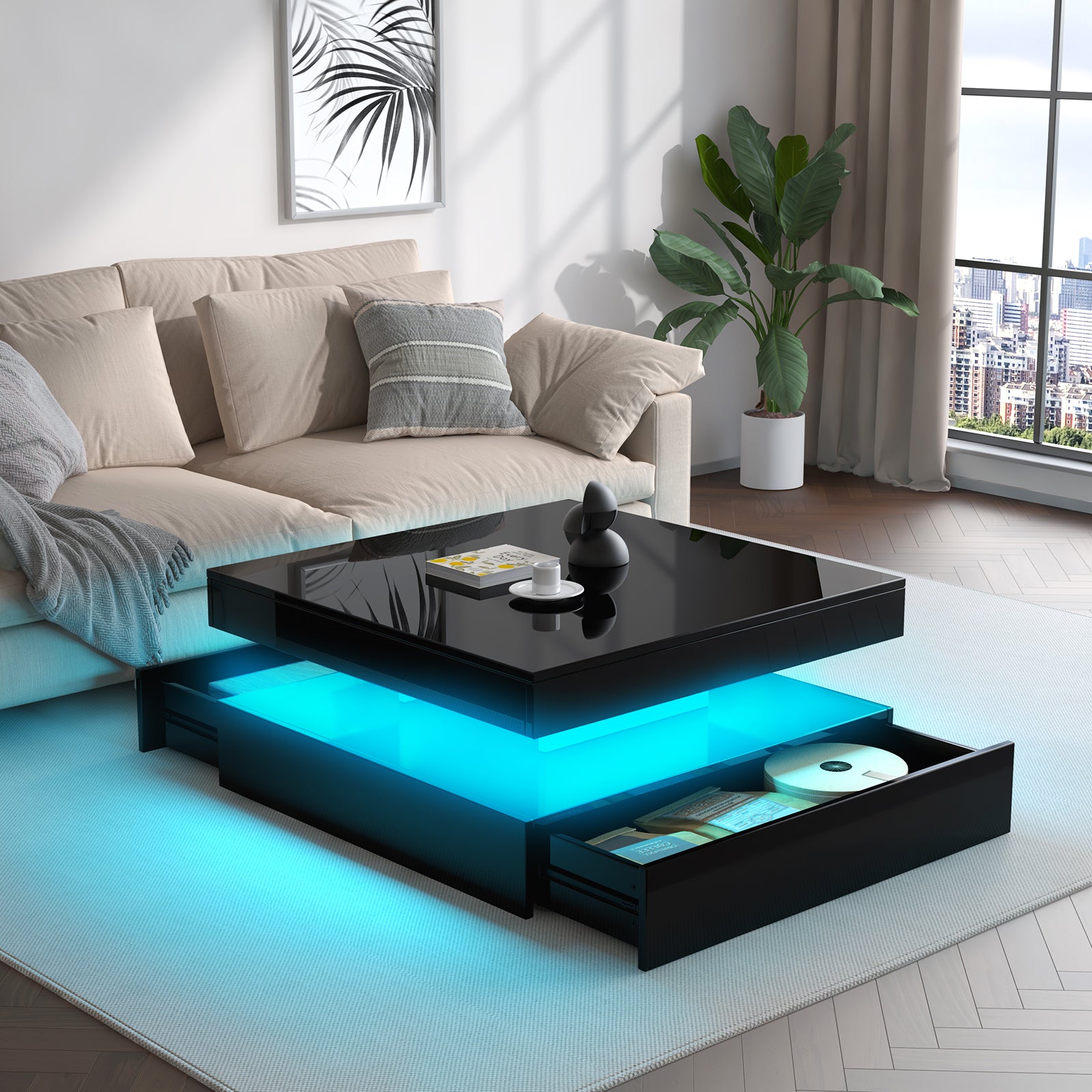 Square LED Coffee Table - With 2 Drawer