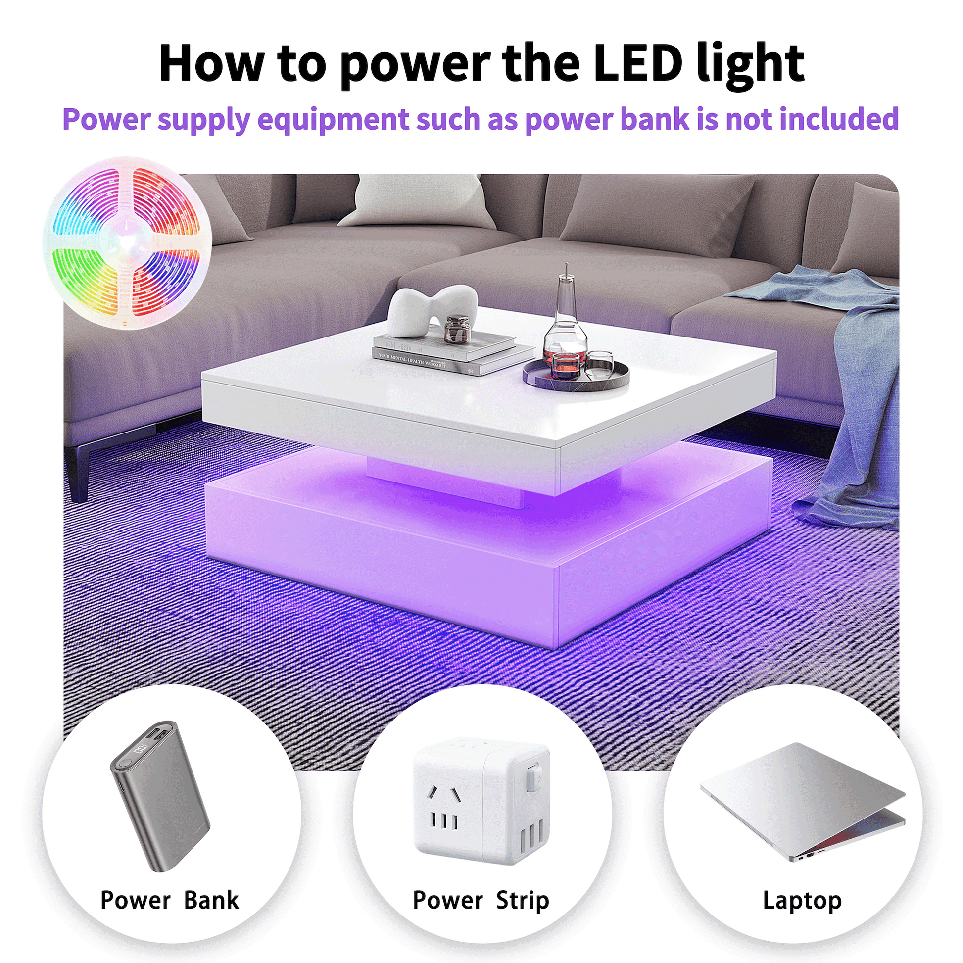 Square LED Coffee Table - With 1 Drawers