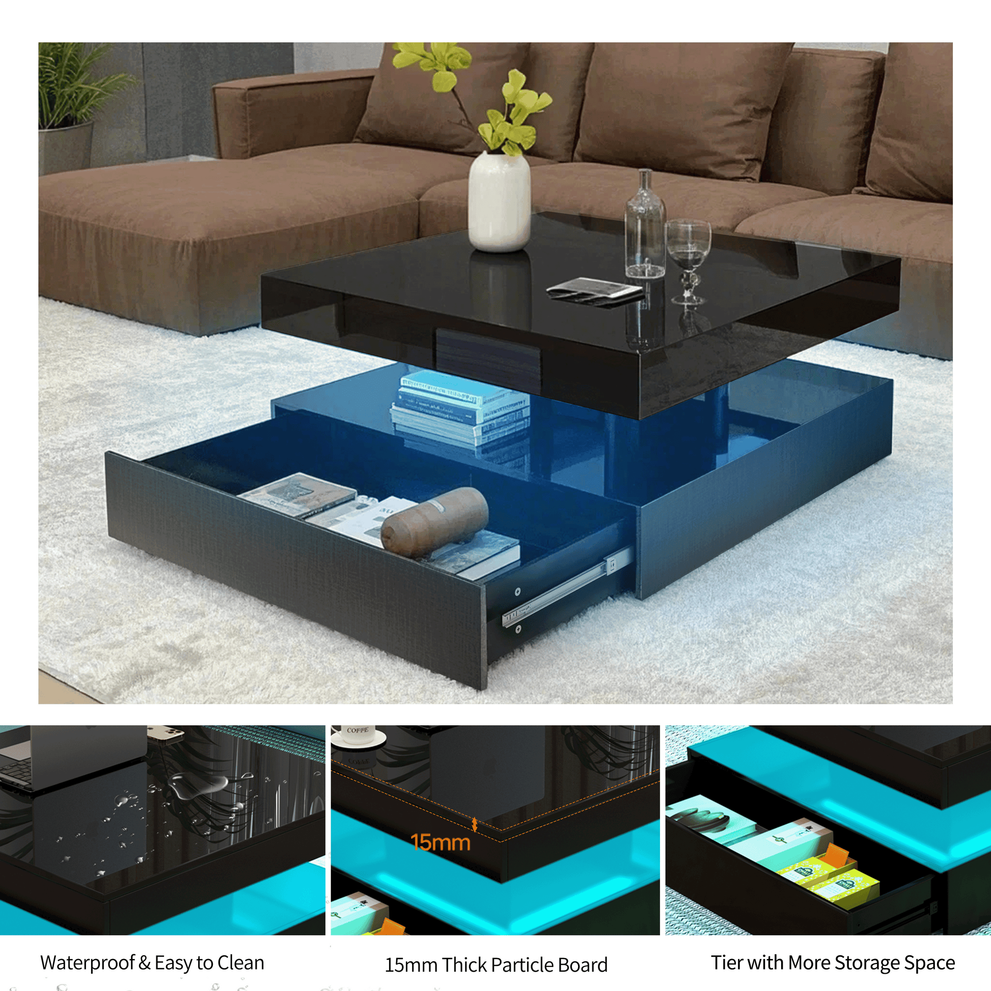 Square LED Coffee Table - With 1 Drawers