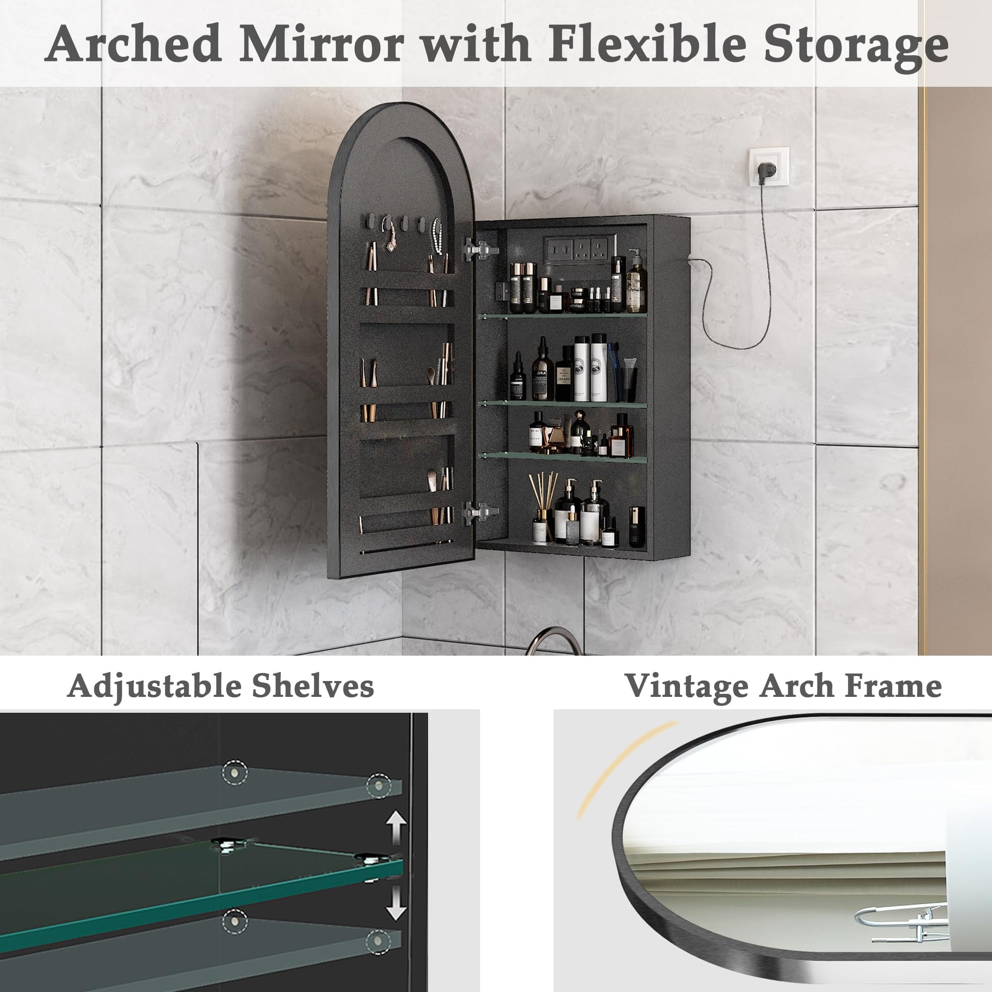 Arch Wall Mount Mirror Cabinet with Power Outlet & Storage