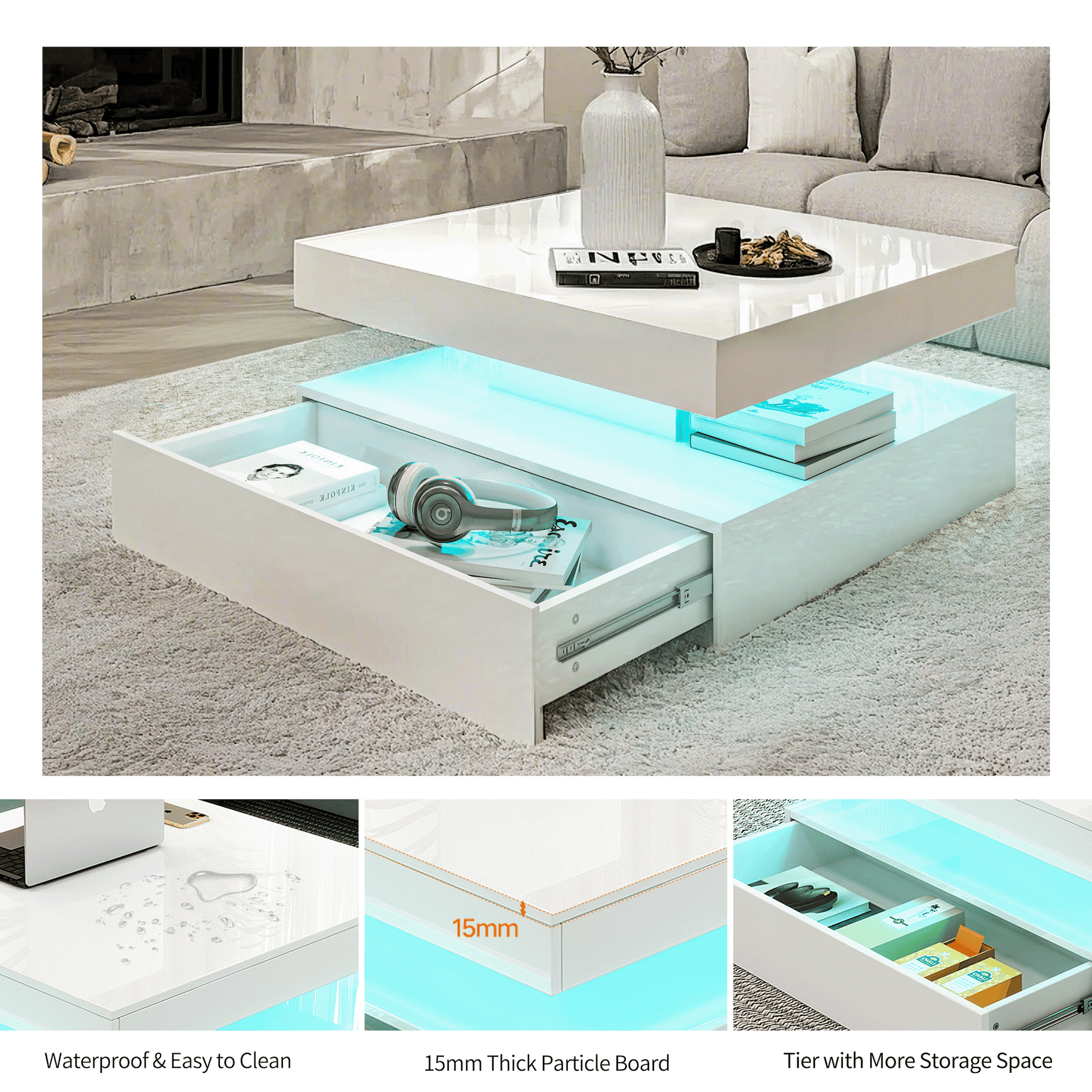 Square LED Coffee Table - With 1 Drawers
