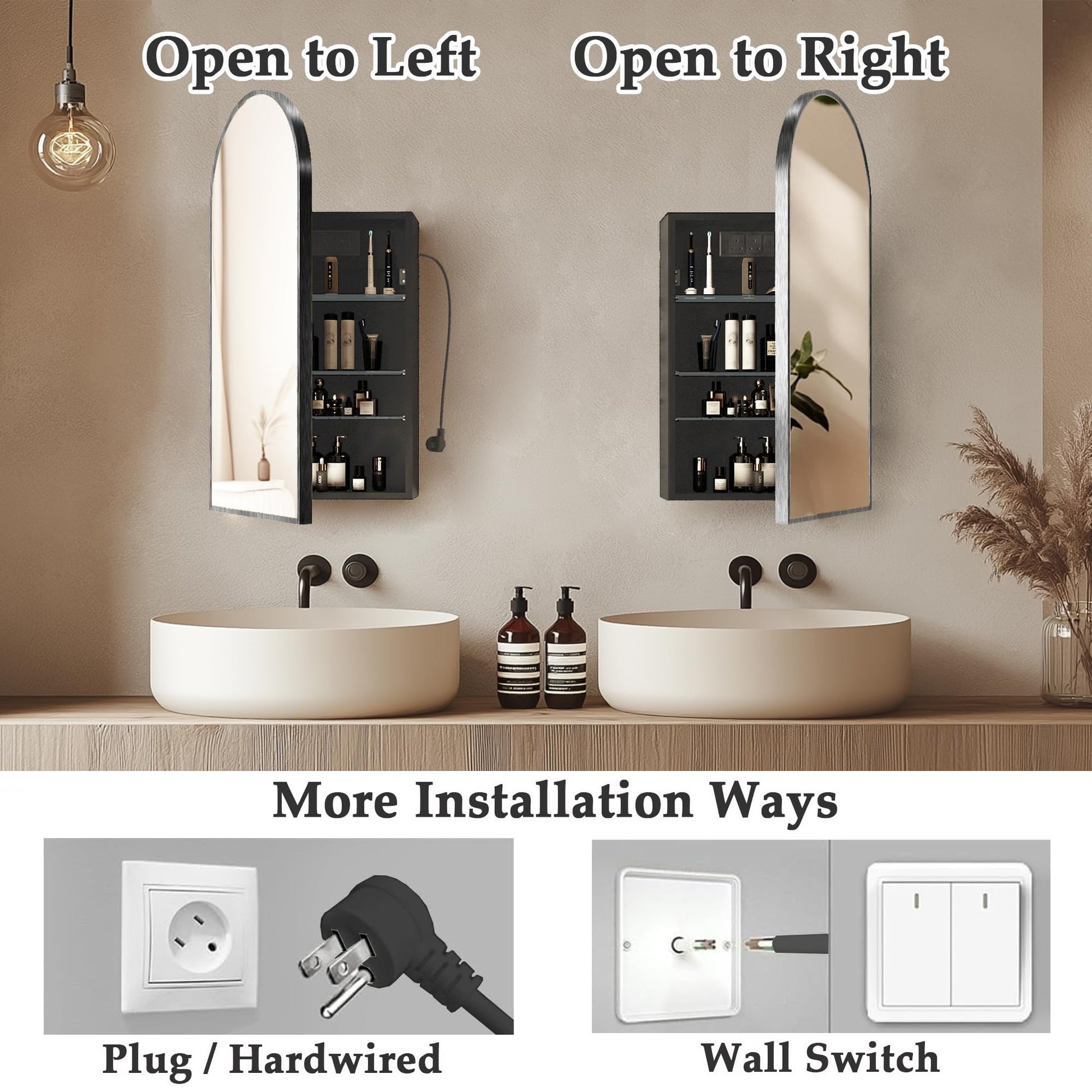 Arch Wall Mount Mirror Cabinet with Power Outlet & Storage