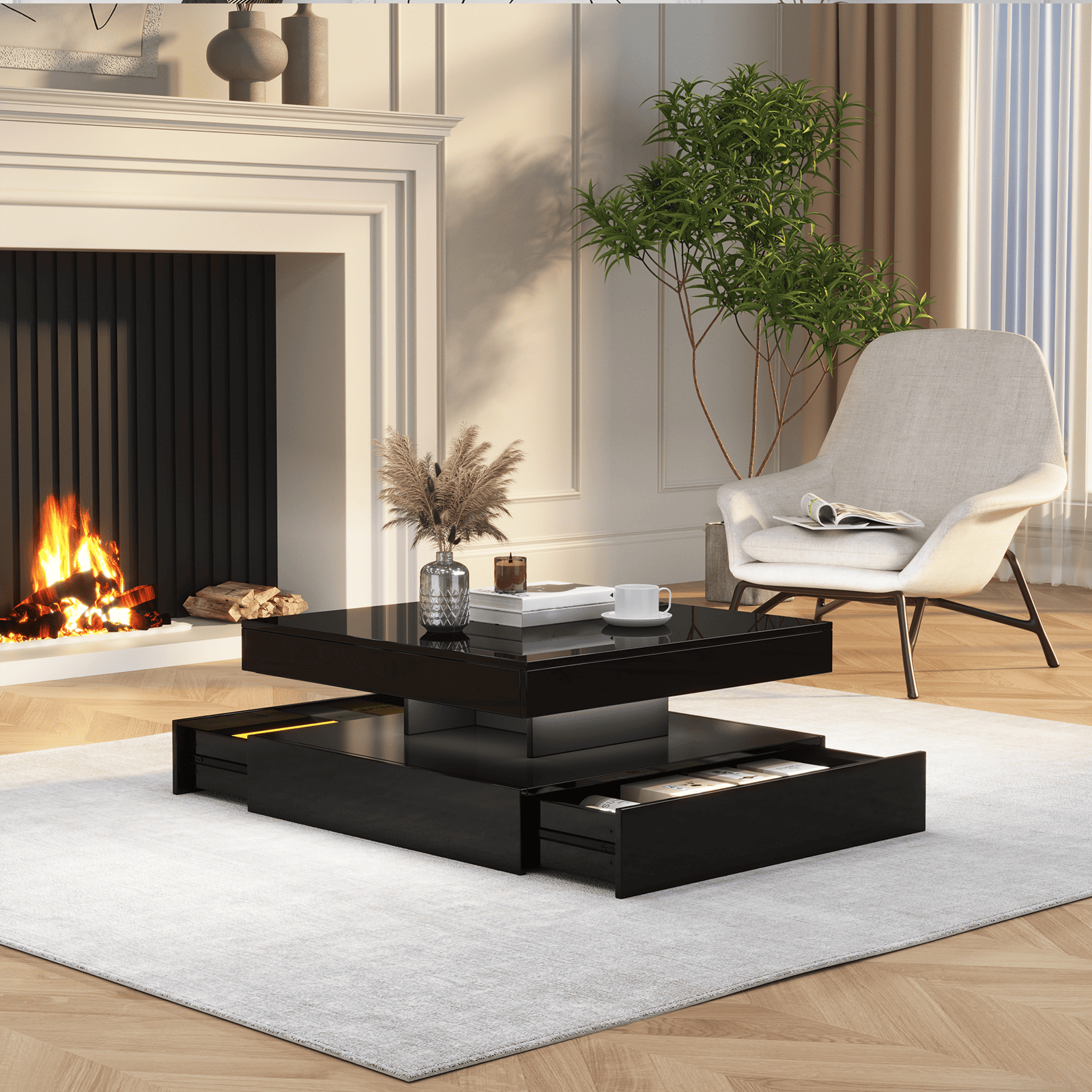 Square LED Coffee Table - With 2 Drawer