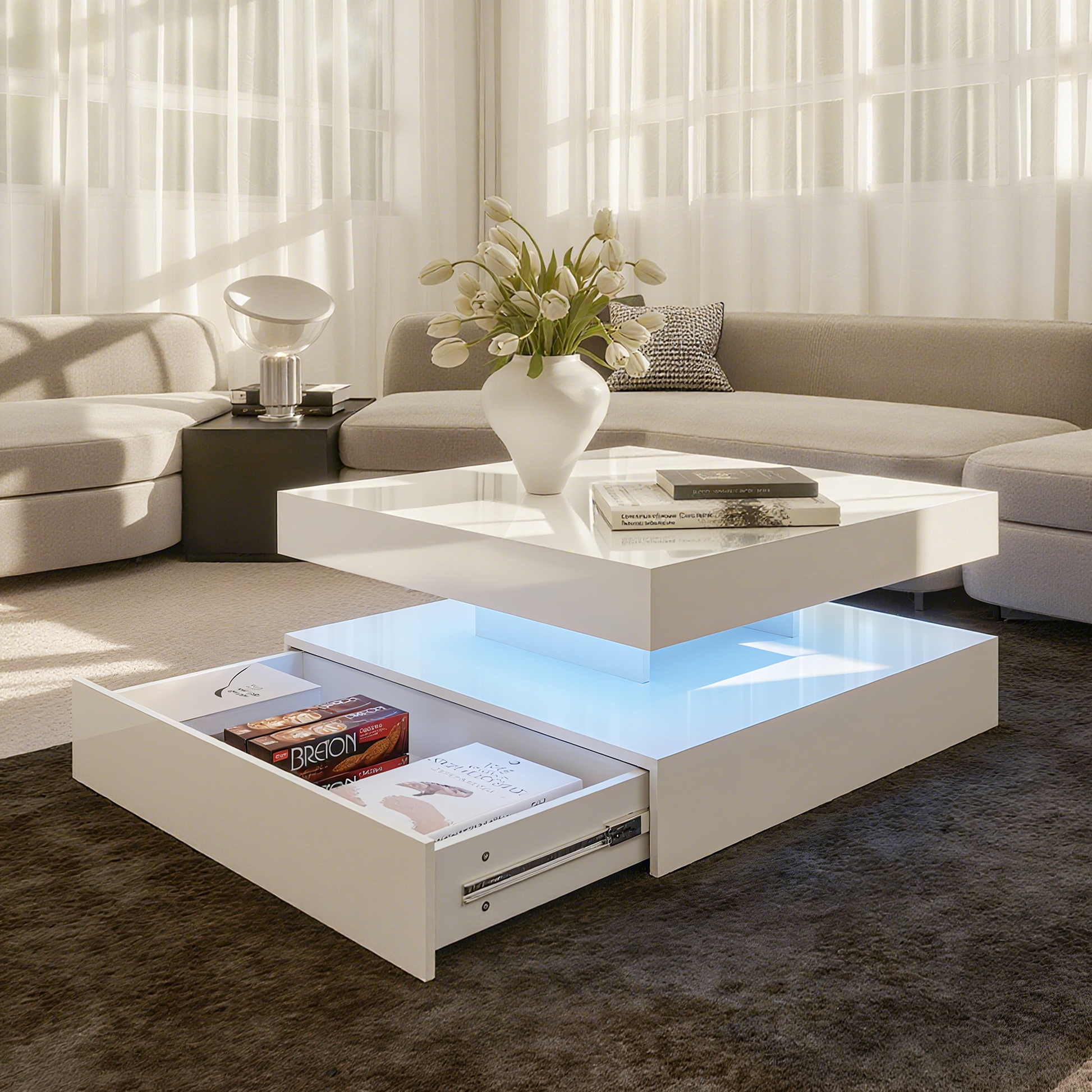 Square LED Coffee Table - With 1 Drawers