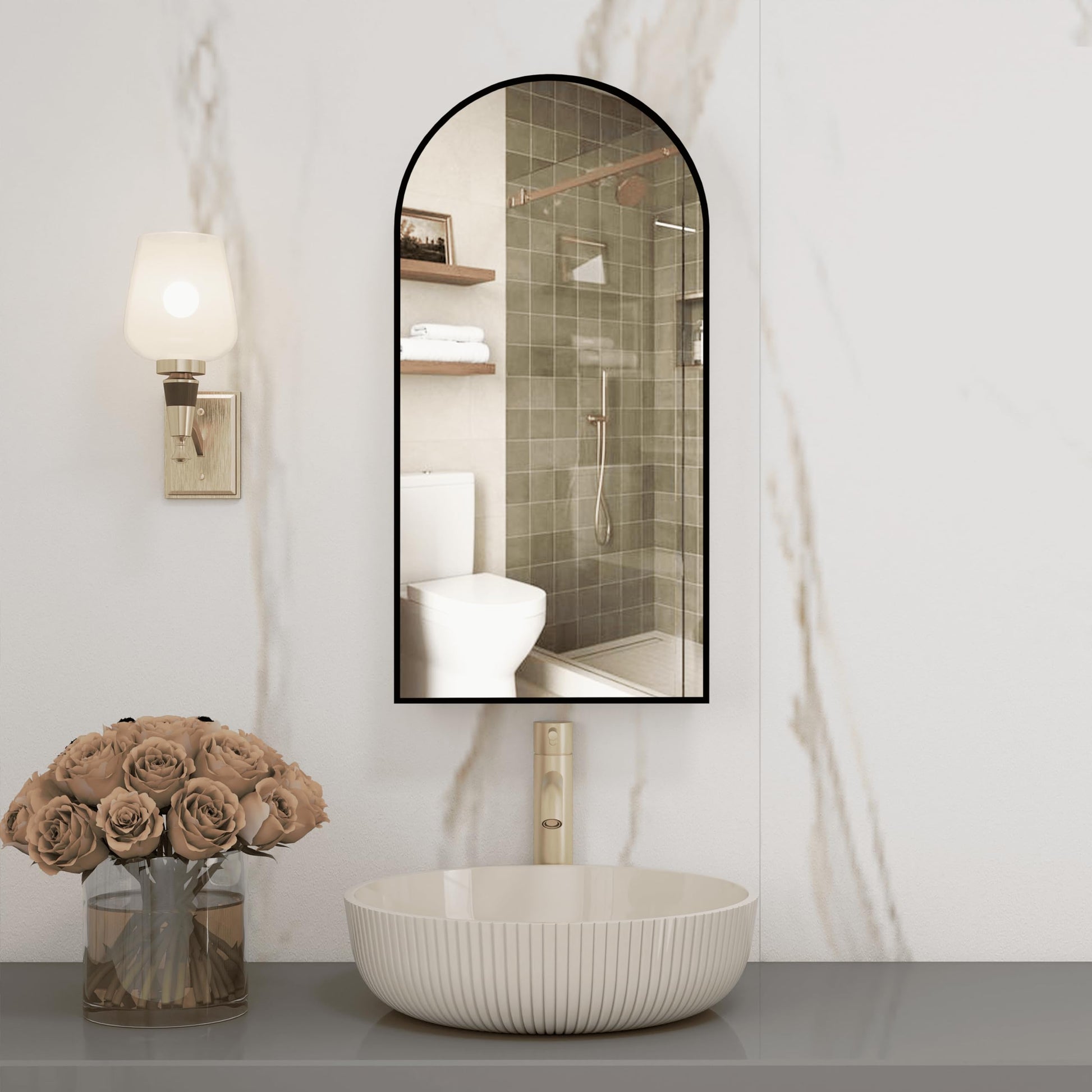 Arch Wall Mount Mirror Cabinet with Power Outlet & Storage