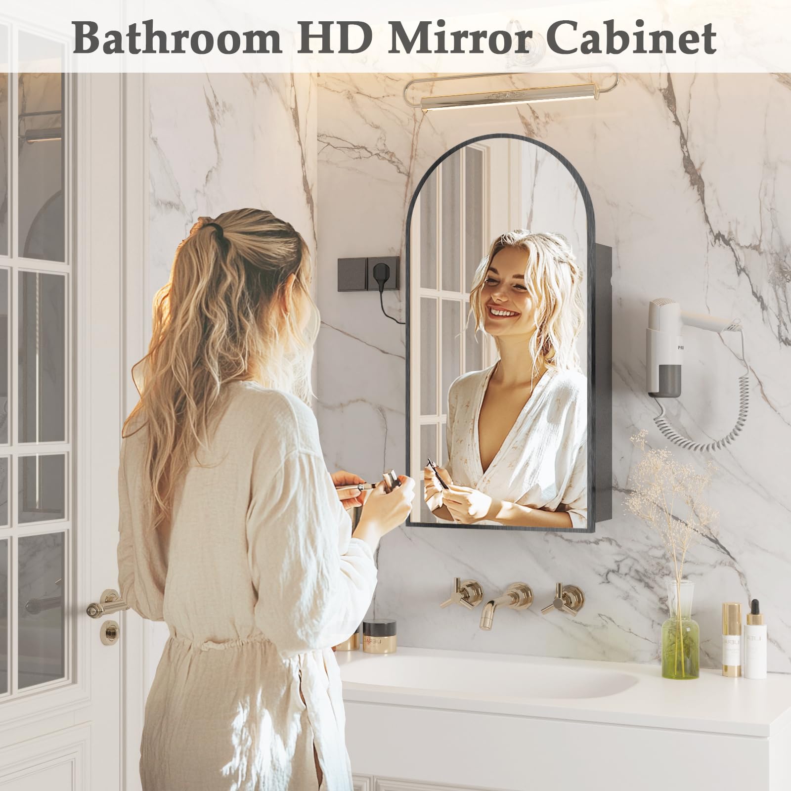 Arch Wall Mount Mirror Cabinet with Power Outlet & Storage